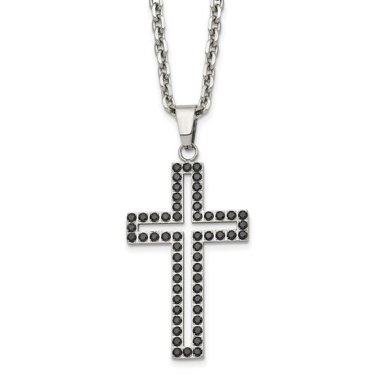 Stainless Steel Polished Black CZ Cross 20in Necklace
