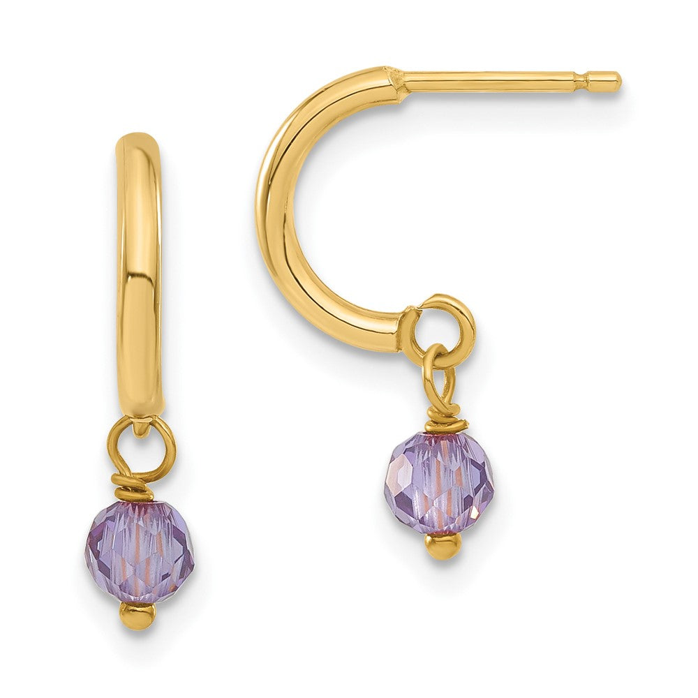 14ky Round Purple CZ Dangle C-Hoop Earrings
