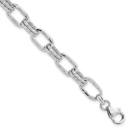 Sterling Silver Rhodium-plated Polished and Textured Link Bracelet 7.5  inches