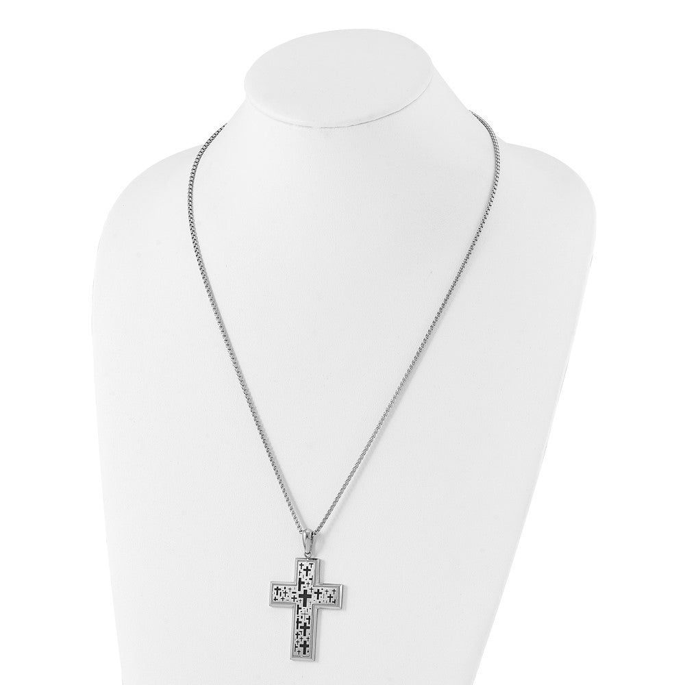 Stainless Steel Brushed Polished & Laser cut Black IP Cross Necklace