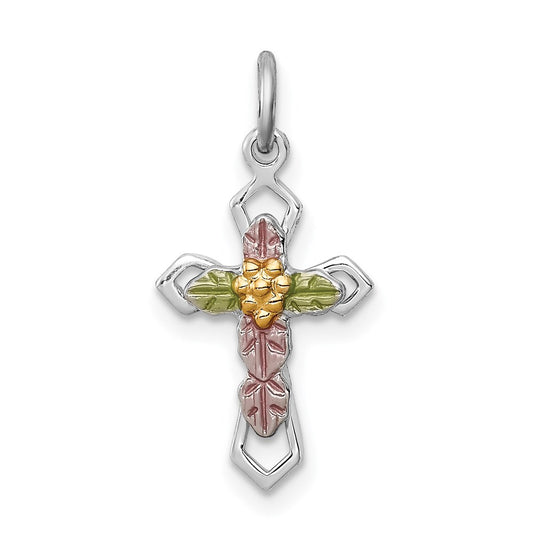 Sterling Silver Rhodium-plated Polished Epoxy & Gold-plated Cross Pendant