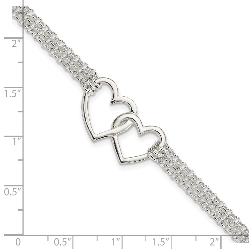 Sterling Silver Polished 3-strand w/.5in. Ext. Heart Bracelet 7 inches