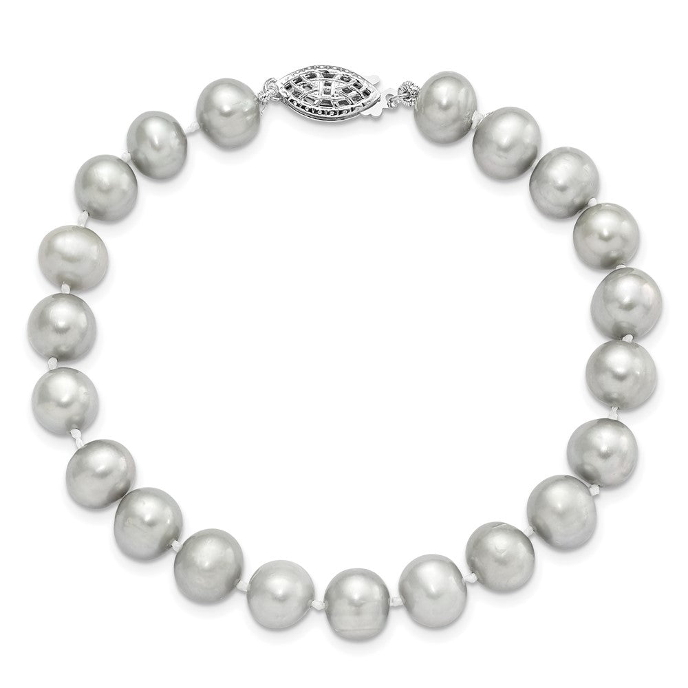 Sterling Silver Rhodium-plated 7-8mm Grey Near-Round Freshwater Cultured Pearl 7.25 inch Bracelet 7.25 inches