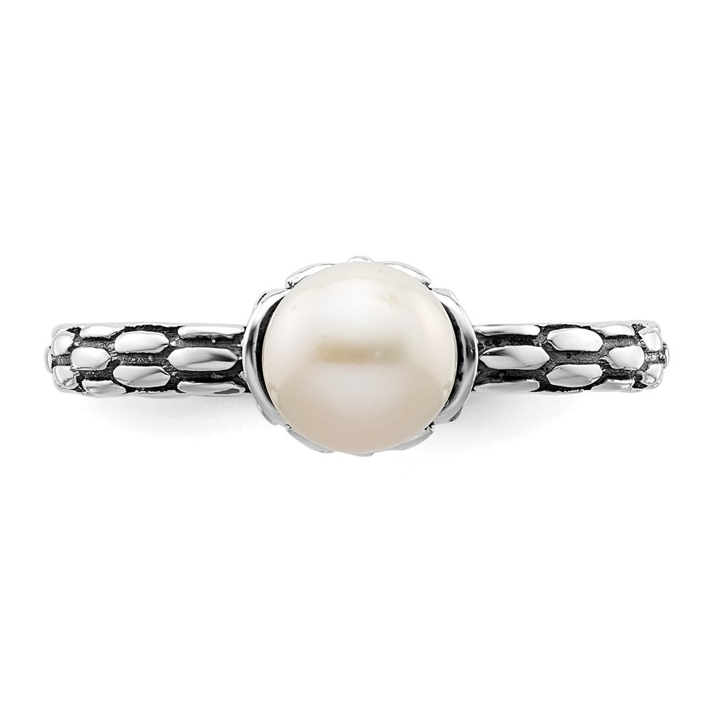 Sterling Silver Stack Exp. Polished Patterned White FW Cultured Pearl Ring Size -9