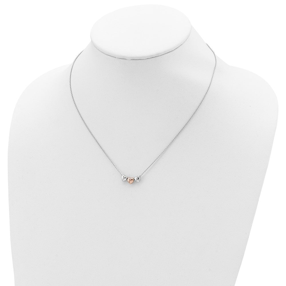 Sterling Silver Rhodium Rose-tone 3-Hearts w/.75 ext Necklace 18 Inches