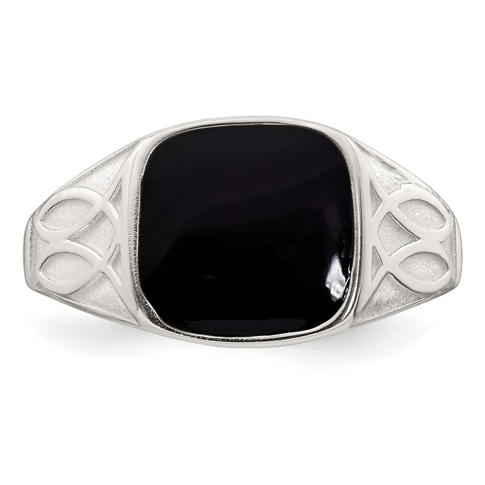 Sterling Silver Polished and Textured Black Enameled Size 10 Mens Signet Ring