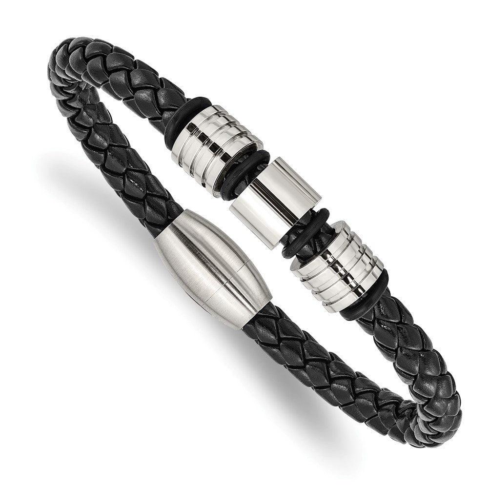 Stainless Steel Brushed and Polished Leather 8.5in Bracelet 8.5 inches