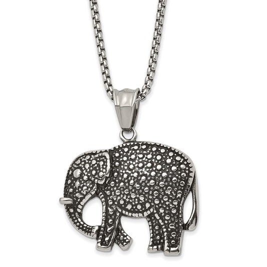 Stainless Steel Antiqued and Polished Elephant 24in Necklace