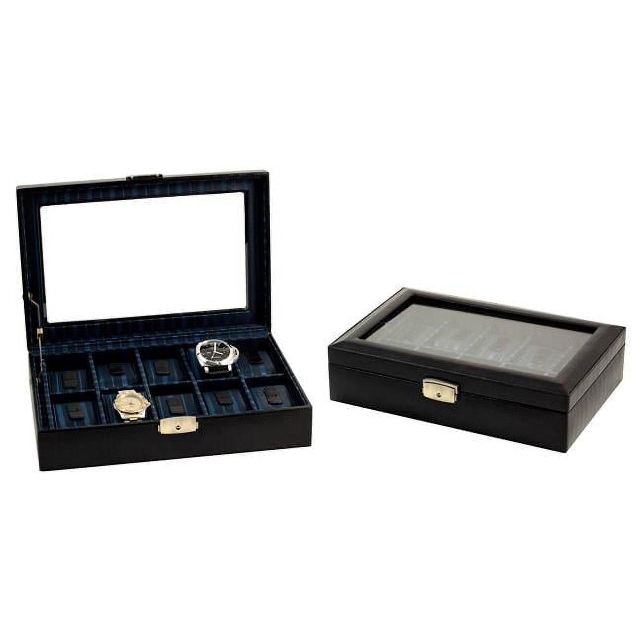 Black Leather Glass Lid Fabric-Lined Locking 10-Watch Case GM8752