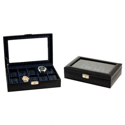 Black Leather Glass Lid Fabric-Lined Locking 10-Watch Case GM8752