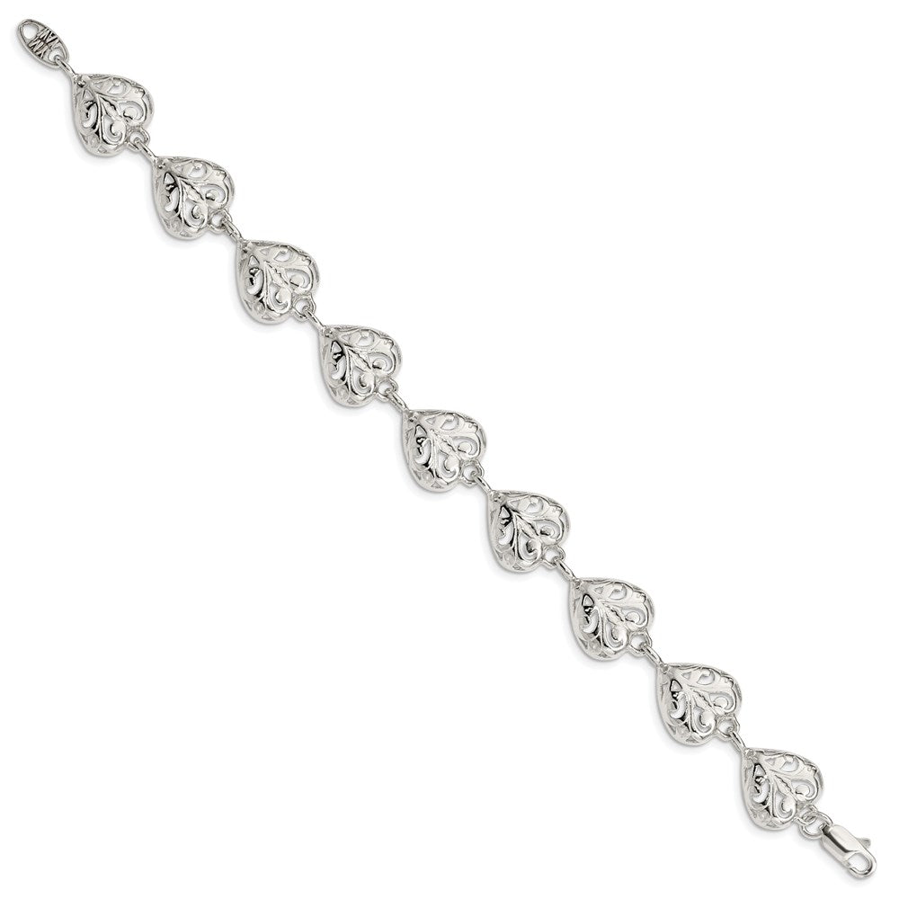 Sterling Silver Fancy Filigree Heart 7 inch Bracelet 7 inches