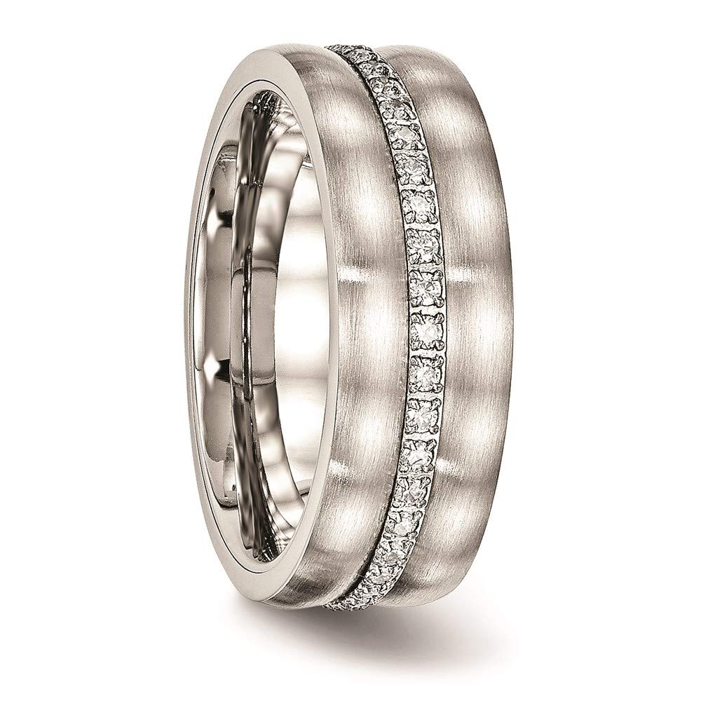 Stainless Steel Brushed and Polished w/CZ Checkered 7.5mm Band Size - 7