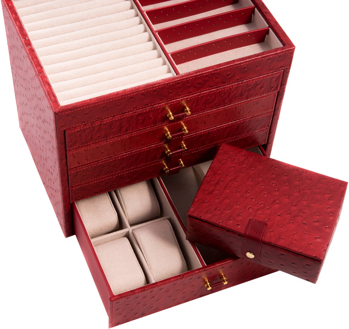 Bey-Berk International BB589RED Red Ostrich Leather Jewelry Chest
