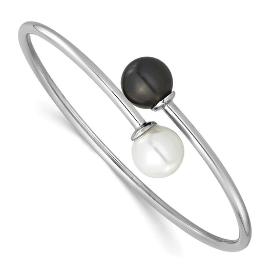 Sterling Silver Rh-plat 10-11mm Wht Blk Imitat Shell Pearl Bangle Bracelet 7 inches