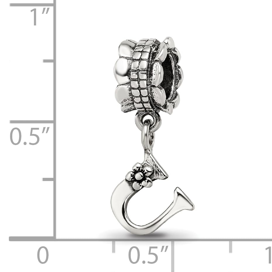 925 Sterling Silver Polished Artisan Oxidized Reflections Letter Name Personalized Monogram Initial U Dangle Bead Charm