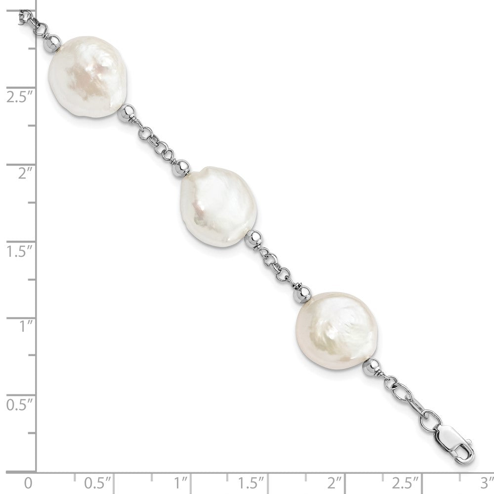 Sterling Silver Rhodium-plated 12-13mm White Coin Freshwater Cultured Pearl 6-Station 7.5 inch Bracelet 7.5 inches