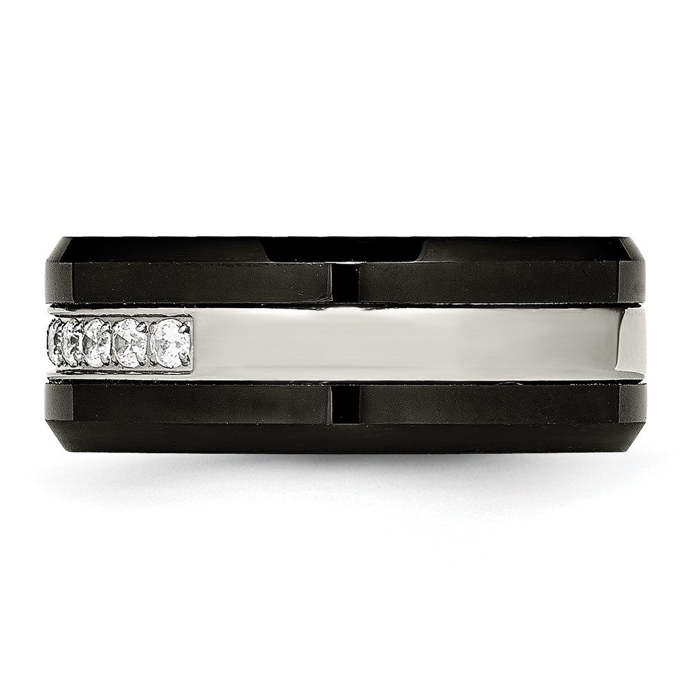 Stainless Steel Polished Black Ceramic CZ Beveled Edge Ring Size - 13