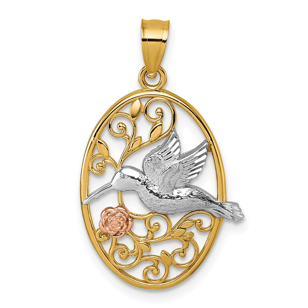 14k Two-tone with White Rhodium Polished Hummingbird and Flower Filigree Pendant