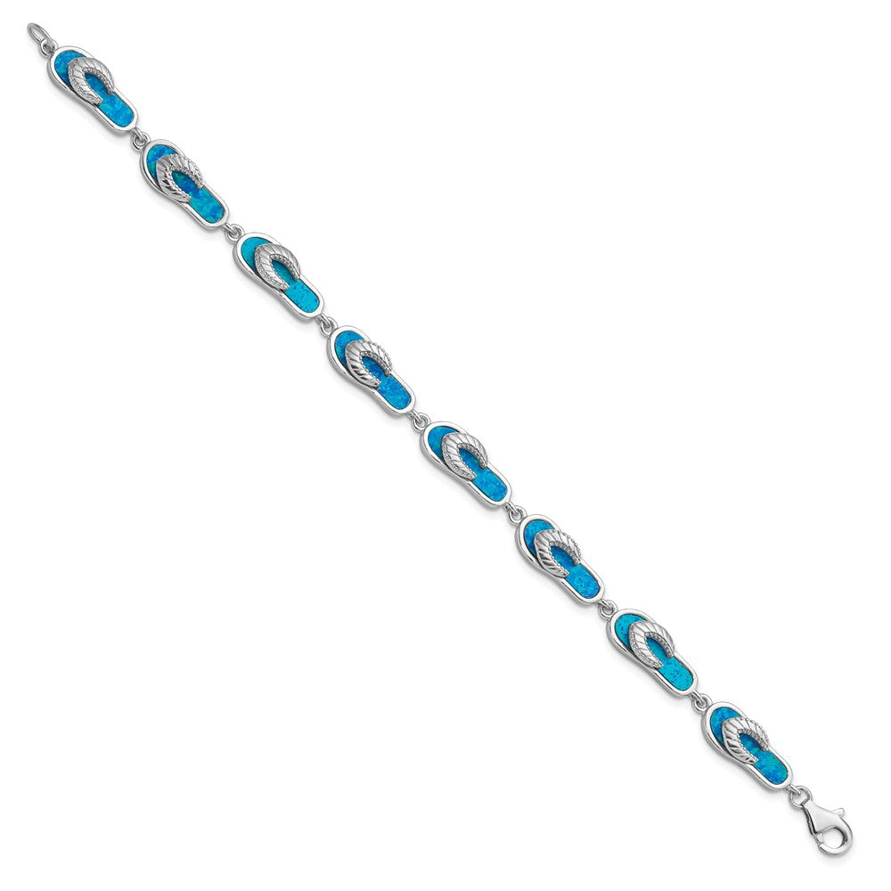Sterling Silver Rhodium-plated 7in Created Blue Opal Inlay Sandal Bracelet 7 inches