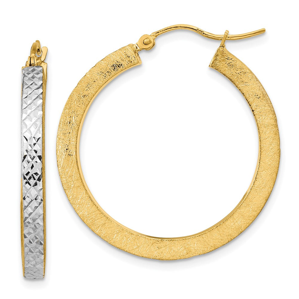 14K w/White Rhodium Polished Satin Diamond-cut Hoop Earrings