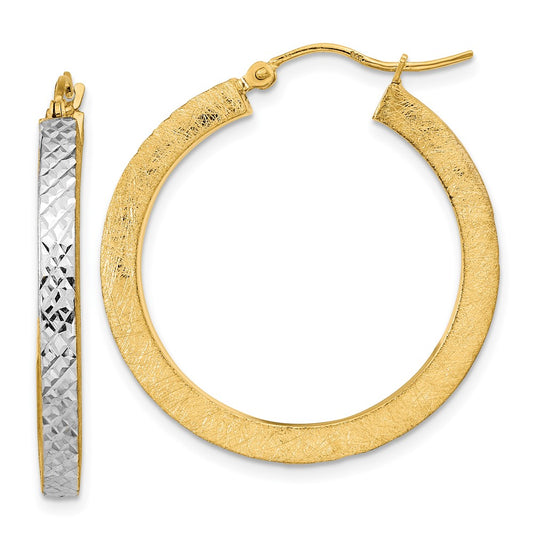 14K w/White Rhodium Polished Satin Diamond-cut Hoop Earrings