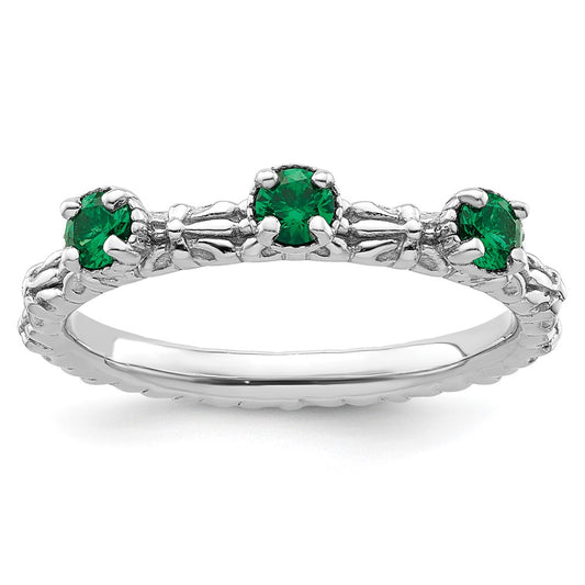 Sterling Silver Stackable Expressions Created Emerald Three Stone Ring Size -7
