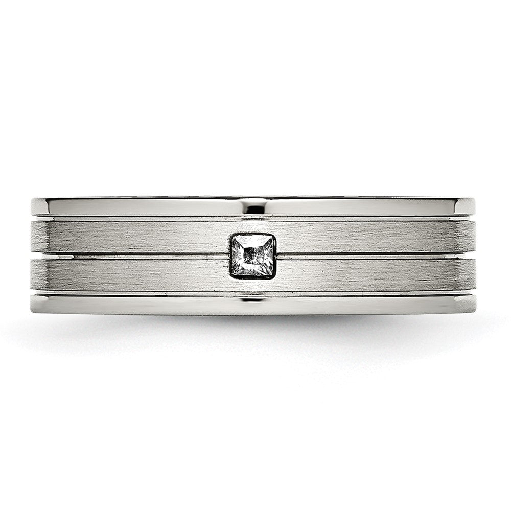 Stainless Steel Polished w/Brushed Center CZ 6mm Grooved Band Size - 10
