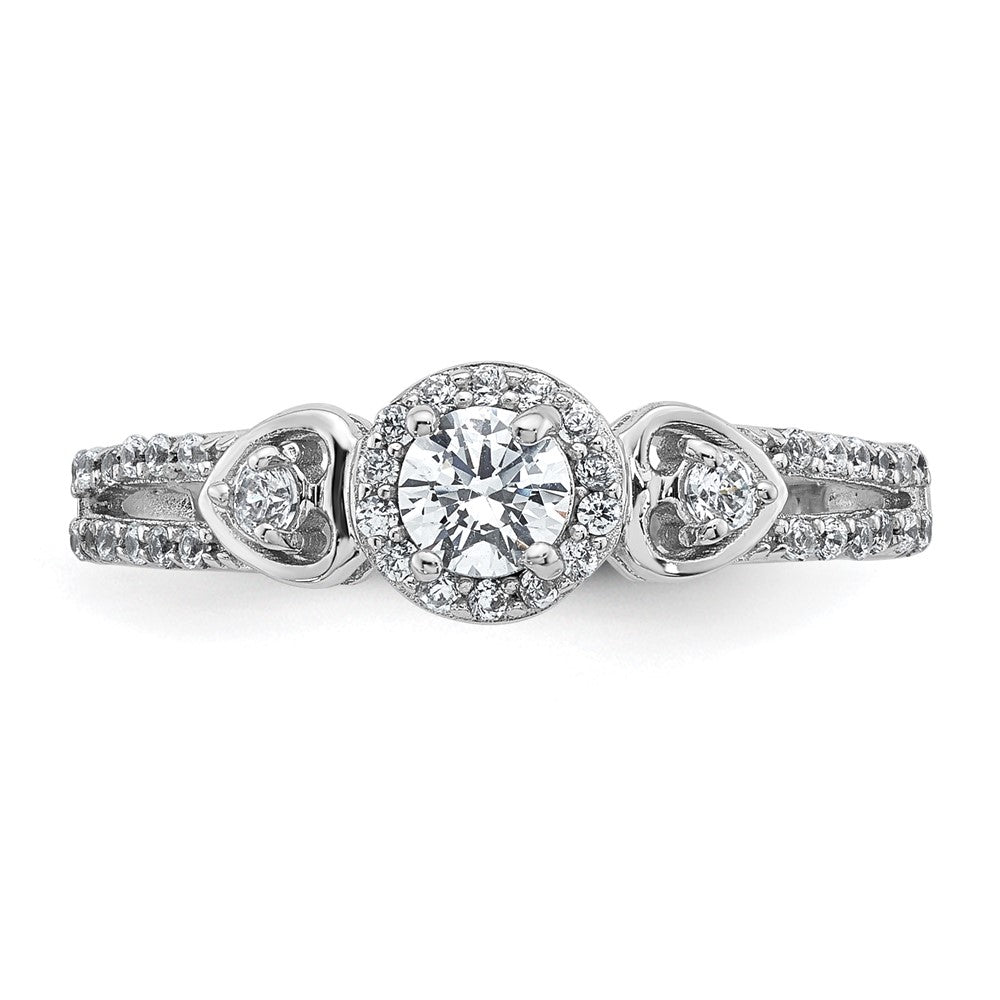 Sterling Silver Rhodium-plated Polished Round CZ Halo Double Side Heart Split Shank Size 8 Ring