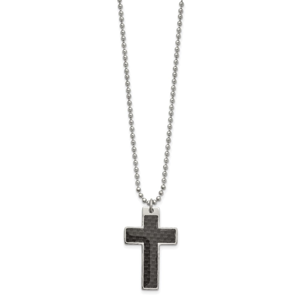 Stainless Steel Polished Black Carbon Fiber Inlay Cross 20in Necklace