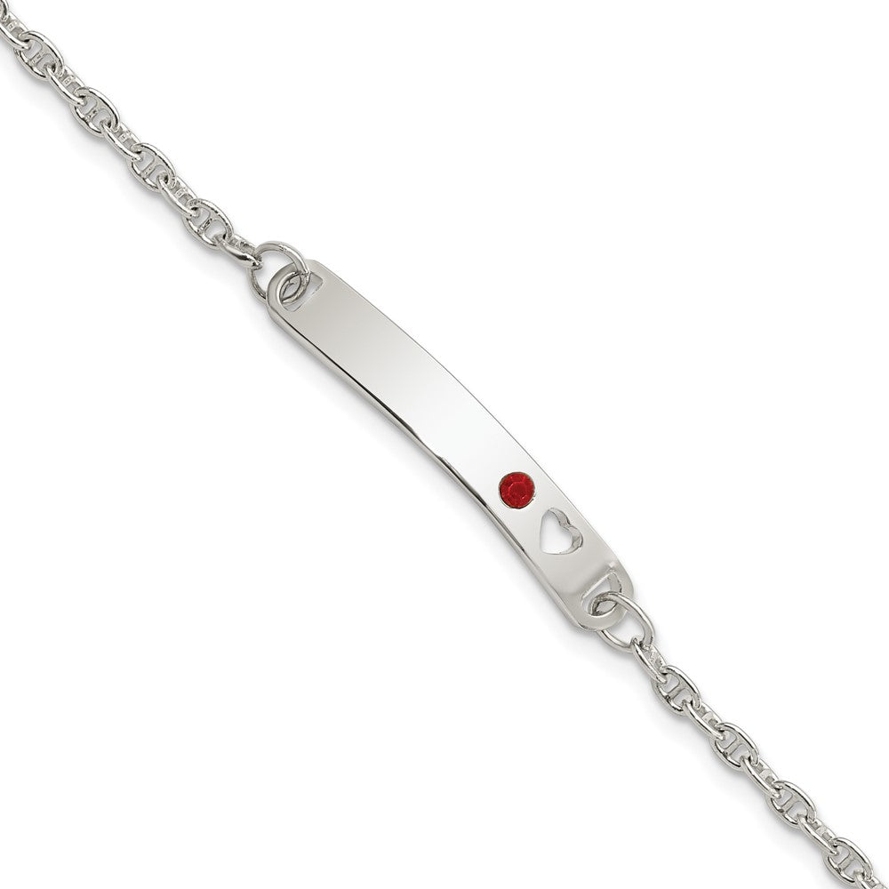 Sterling Silver Polished Childrens ID with Red CZ Heart Bracelet 5.5 inches