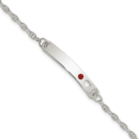 Sterling Silver Polished Childrens ID with Red CZ Heart Bracelet 5.5 inches