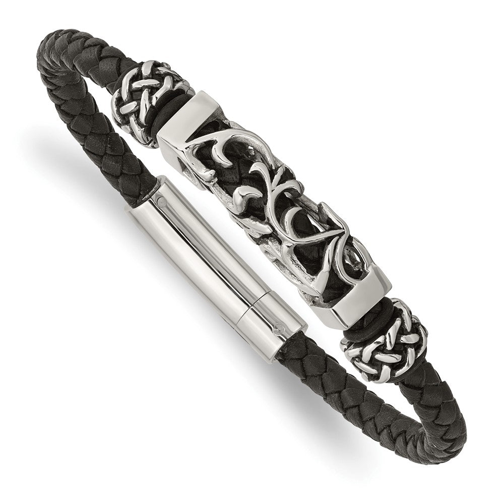 Stainless Steel Polished Black Leather w/Antiqued Beads 8.25in Bracelet 8.25 inches