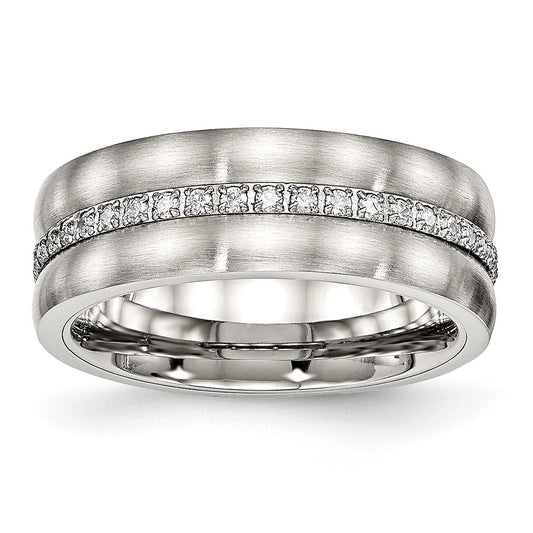 Stainless Steel Brushed and Polished w/CZ Checkered 7.5mm Band Size - 8