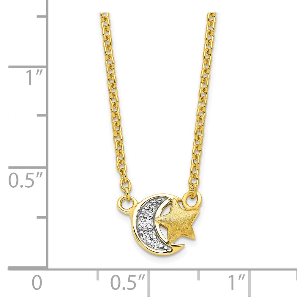Sterling Silver Gold-tone CZ Satin Star and Polished Moon Necklace 17 Inches