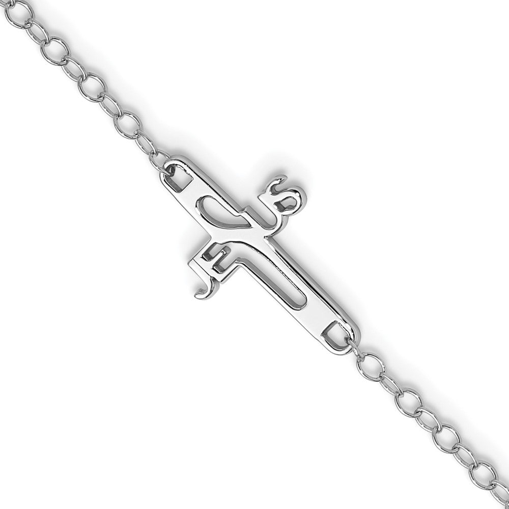Sterling Silver Rhodium-plated Jesus Cross Anklet 9.5 inches