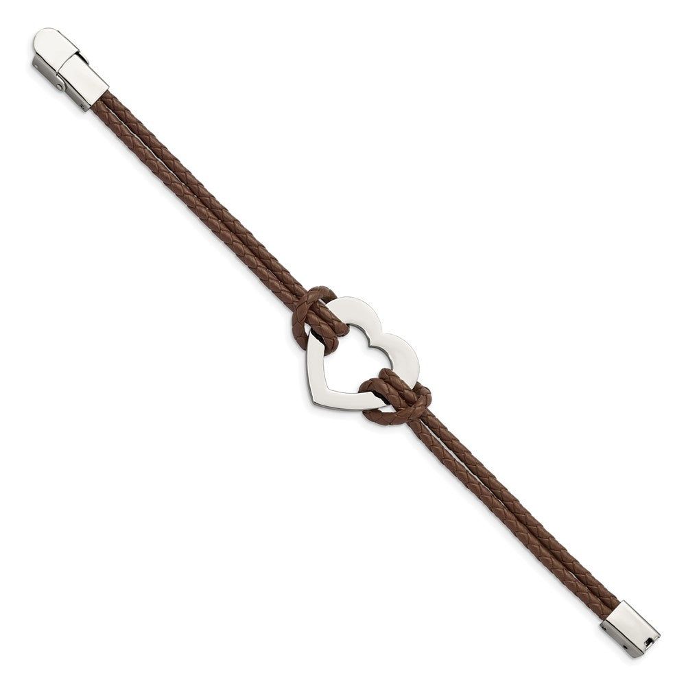 Stainless Steel Polished Heart Leather 7.5in Bracelet 7.25 inches