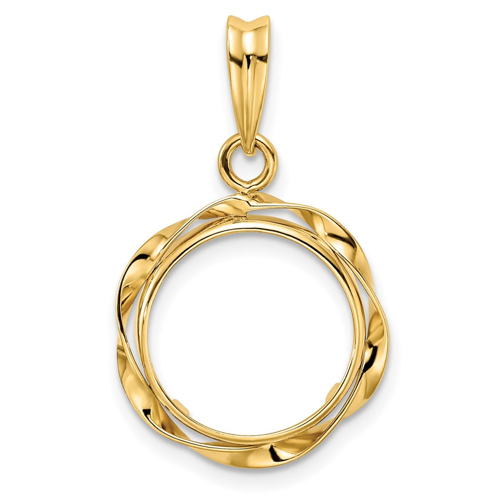 Wideband Distinguished Coin Jewelry 14k Polished Hand Twisted Ribbon 13.0mm Prong Coin Bezel Pendant