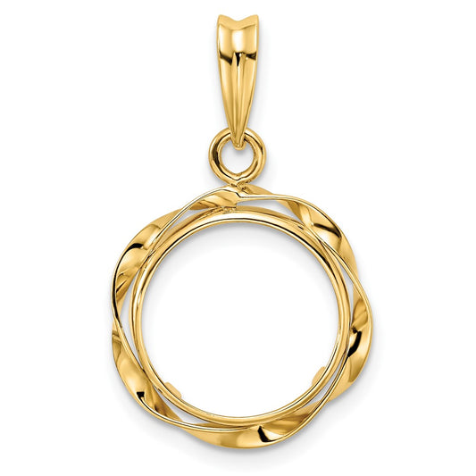 Wideband Distinguished Coin Jewelry 14k Polished Hand Twisted Ribbon 13.0mm Prong Coin Bezel Pendant