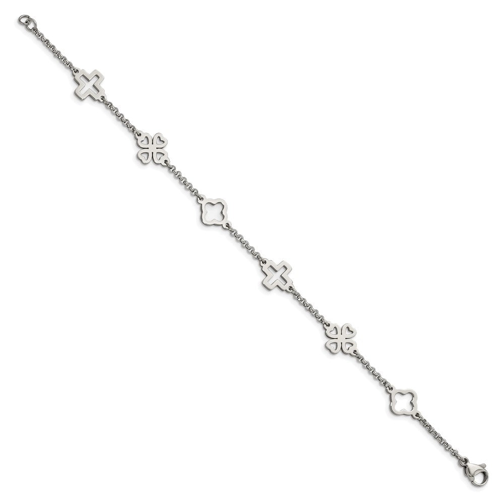 Stainless Steel Polished Cross & Clovers 7.5in Bracelet 7.25 inches