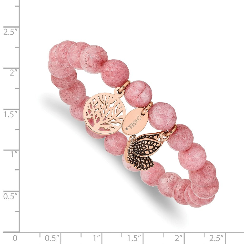 Stainless Steel Antique and Polish Rose IP Pink Dyed Jade Stretch Bracelet 6 inches