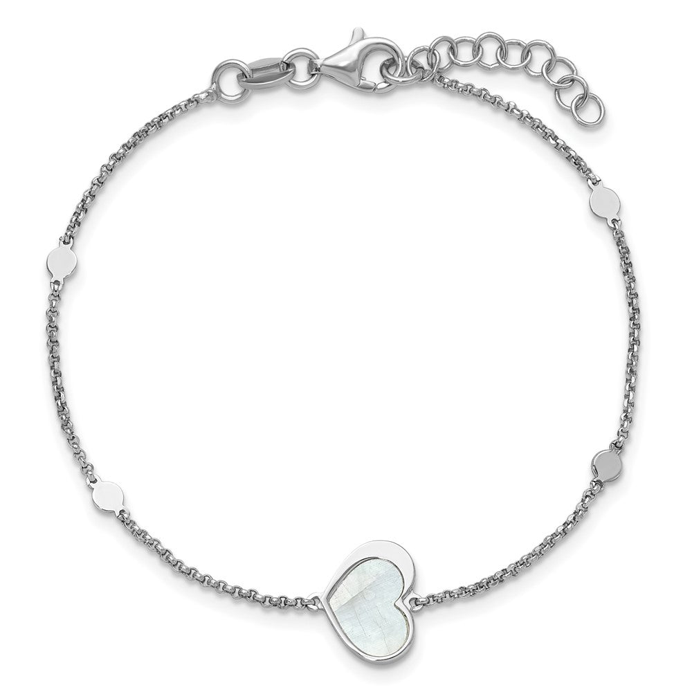 Sterling Silver Rhod-plated Mother of Pearl Heart 6.5in w/1in ext Bracelet 7.5 inches