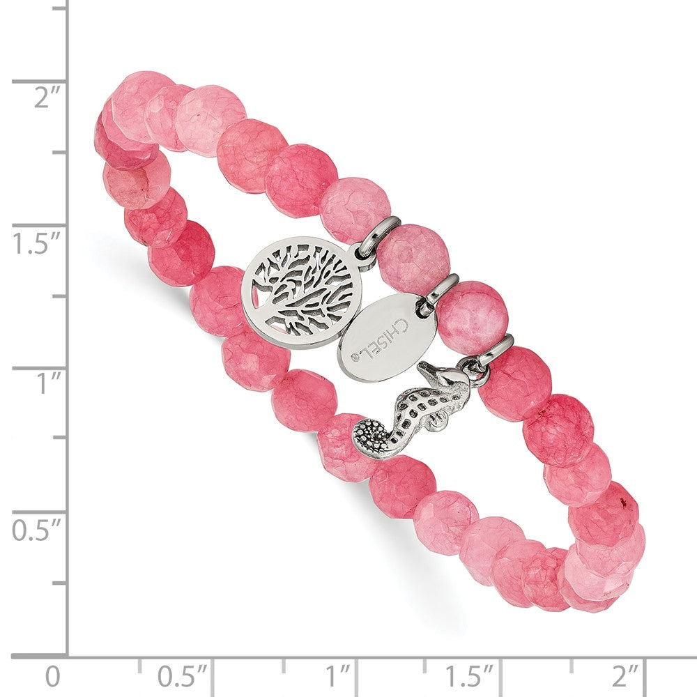 Chisel Stainless Steel Polished Seahorse and Tree of Life Dangles 6mm Pink Jade Beaded 6.25 inch Stretch Bracelet 6.25 inches
