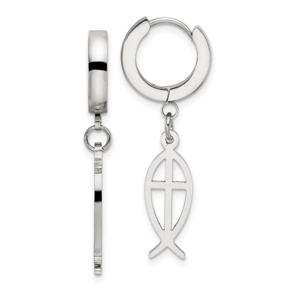 Stainless Steel Polished Ichthus Hinged Hoop Dangle Earrings