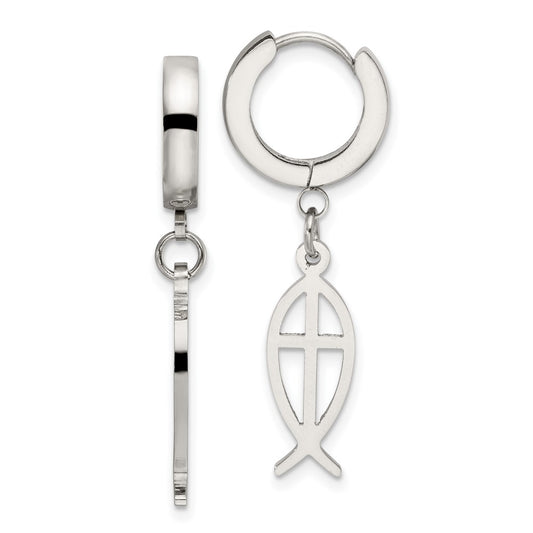 Stainless Steel Polished Ichthus Hinged Hoop Dangle Earrings