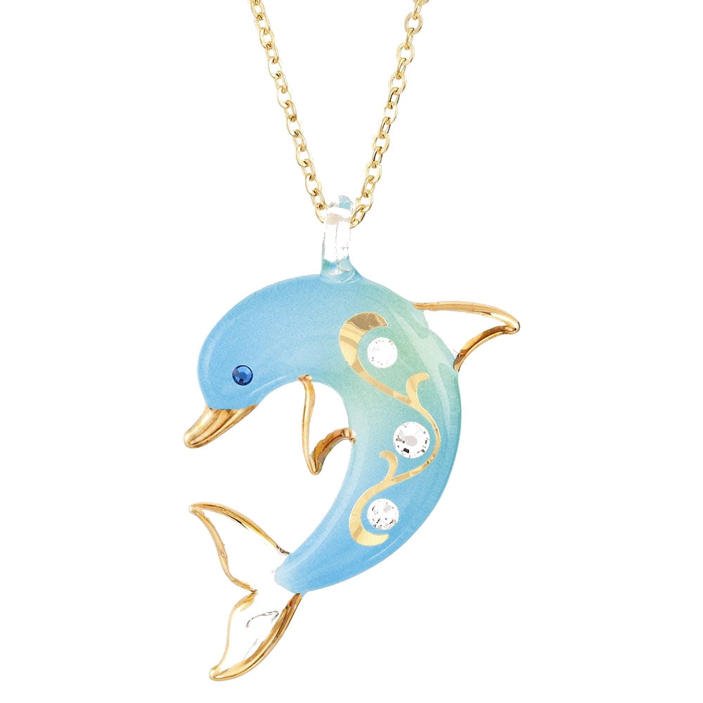 Glass Baron 22K Gilding Accent Gold-trim Turquoise Glass with Crystal from Swarovski Accent Dolphin 18 inch Gold-tone Necklace GM9398