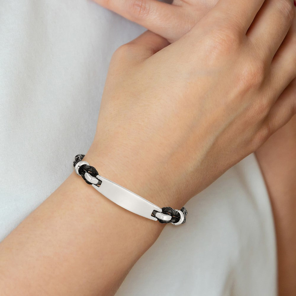 Stainless Steel Polished Black Woven Leather 8.5in ID Bracelet 8.5 inches