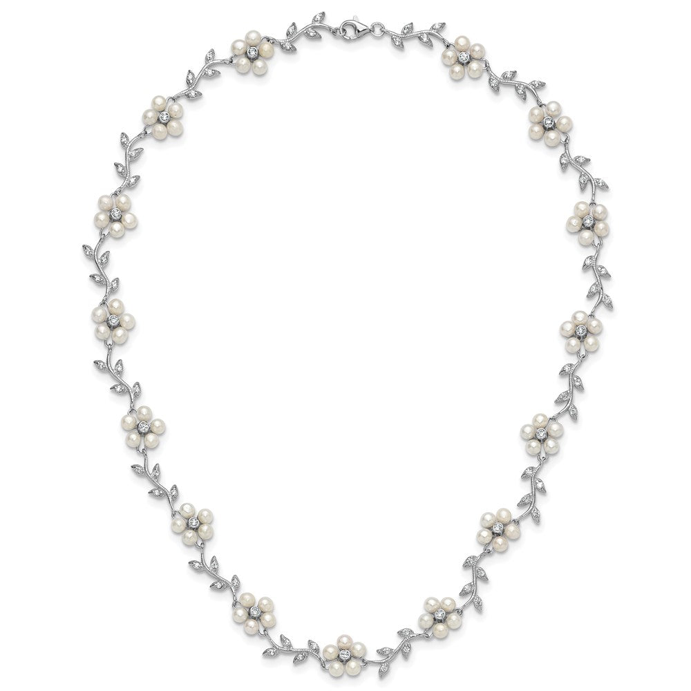 Sterling Silver Rhodium-plated CZ Vine Pattern and Fresheater Cultured Pearl Floral 16 inch Necklace 16 Inches