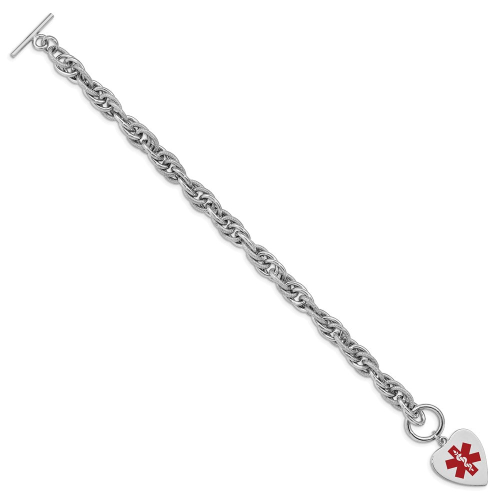 Sterling Silver Rhodium Engraveable Enamel Heart Medical ID Bracelet 8.75 inches