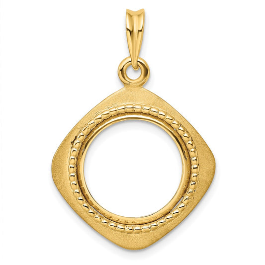 Wideband Distinguished Coin Jewelry 14k Polished Textured and Beaded Diamond Shaped 15.0mm Prong Coin Bezel Pendant