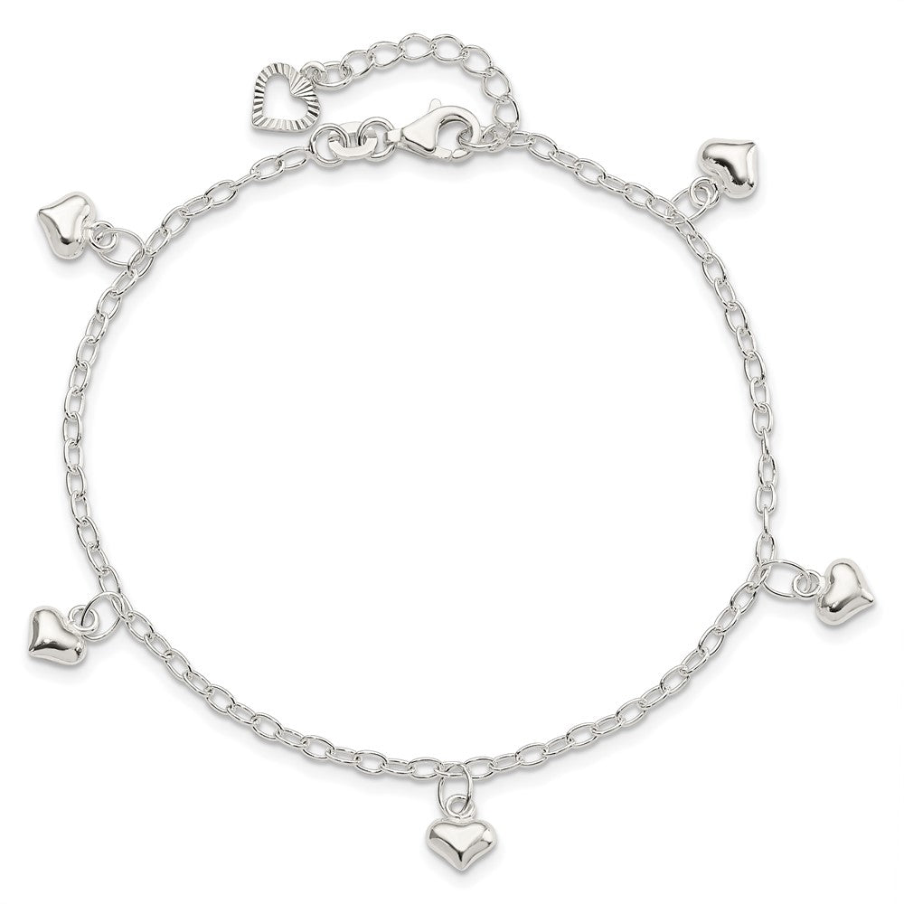 Sterling Silver Polished Puffed Heart 9in Plus1in Ext Anklet 9 inches